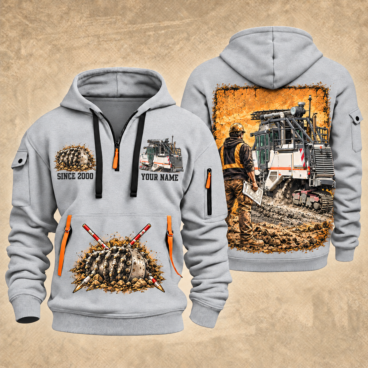 2200 SM Surface Miner quarter zip hoodie in Light Grey, front and back views, sample YOUR NAME and SINCE 2000 artwork