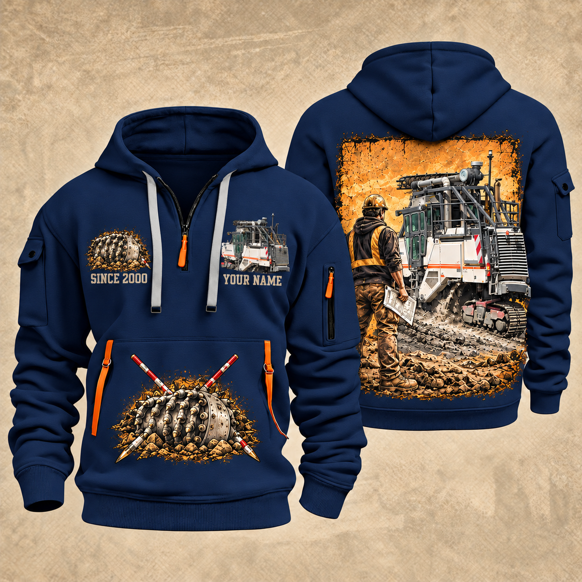 2200 SM Surface Miner quarter zip hoodie in Navy, front and back views, sample YOUR NAME and SINCE 2000 artwork