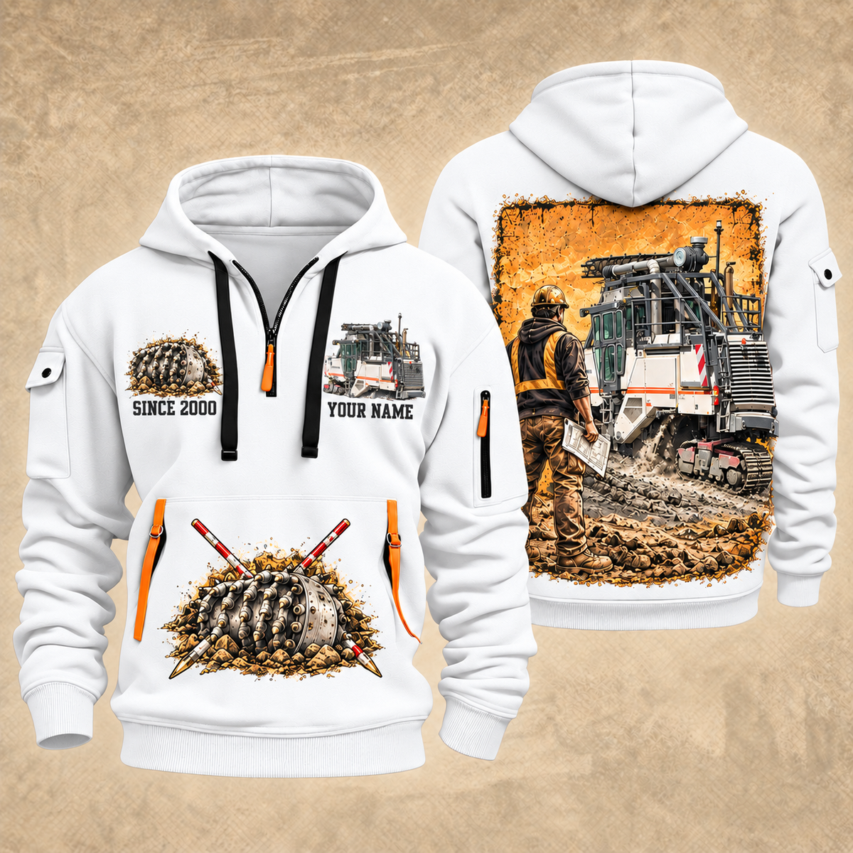 2200 SM Surface Miner quarter zip hoodie in White, front and back views, sample YOUR NAME and SINCE 2000 artwork