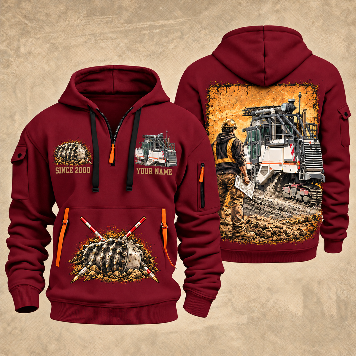 2200 SM Surface Miner quarter zip hoodie in Wine Red, front and back views, sample YOUR NAME and SINCE 2000 artwork