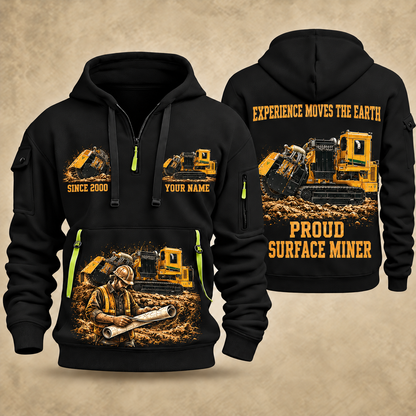T1255III Chain Drive Terrain Leveler Surface Miner quarter zip hoodie in Black, front and back views, sample YOUR NAME and SINCE 2000 artwork