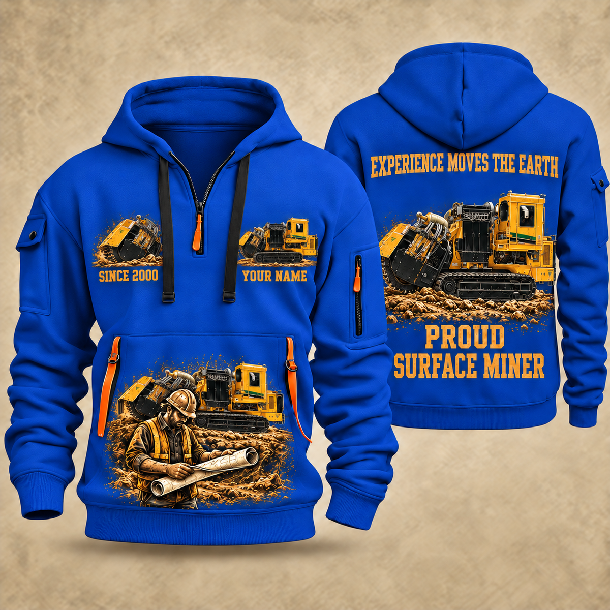 T1255III Chain Drive Terrain Leveler Surface Miner quarter zip hoodie in Blue, front and back views, sample YOUR NAME and SINCE 2000 artwork