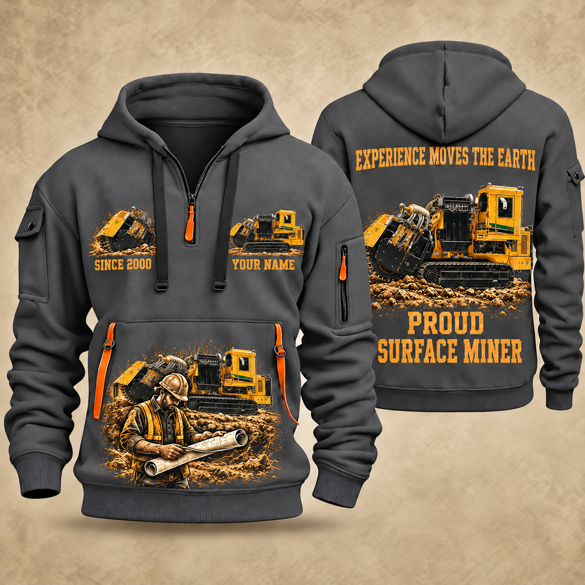 T1255III Chain Drive Terrain Leveler Surface Miner quarter zip hoodie in Gray, front and back views, sample YOUR NAME and SINCE 2000 artwork