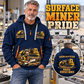 T1255III Chain Drive Terrain Leveler Surface Miner quarter zip hoodie in Navy, adult lifestyle portrait showing front and back artwork
