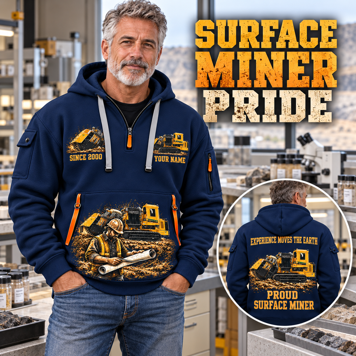 T1255III Chain Drive Terrain Leveler Surface Miner quarter zip hoodie in Navy, adult lifestyle portrait showing front and back artwork
