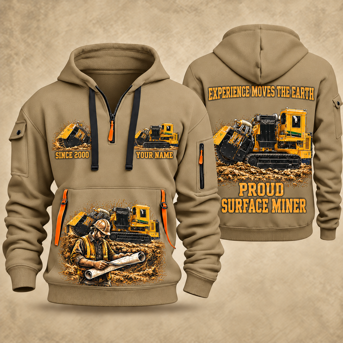 T1255III Chain Drive Terrain Leveler Surface Miner quarter zip hoodie in Khaki, front and back views, sample YOUR NAME and SINCE 2000 artwork