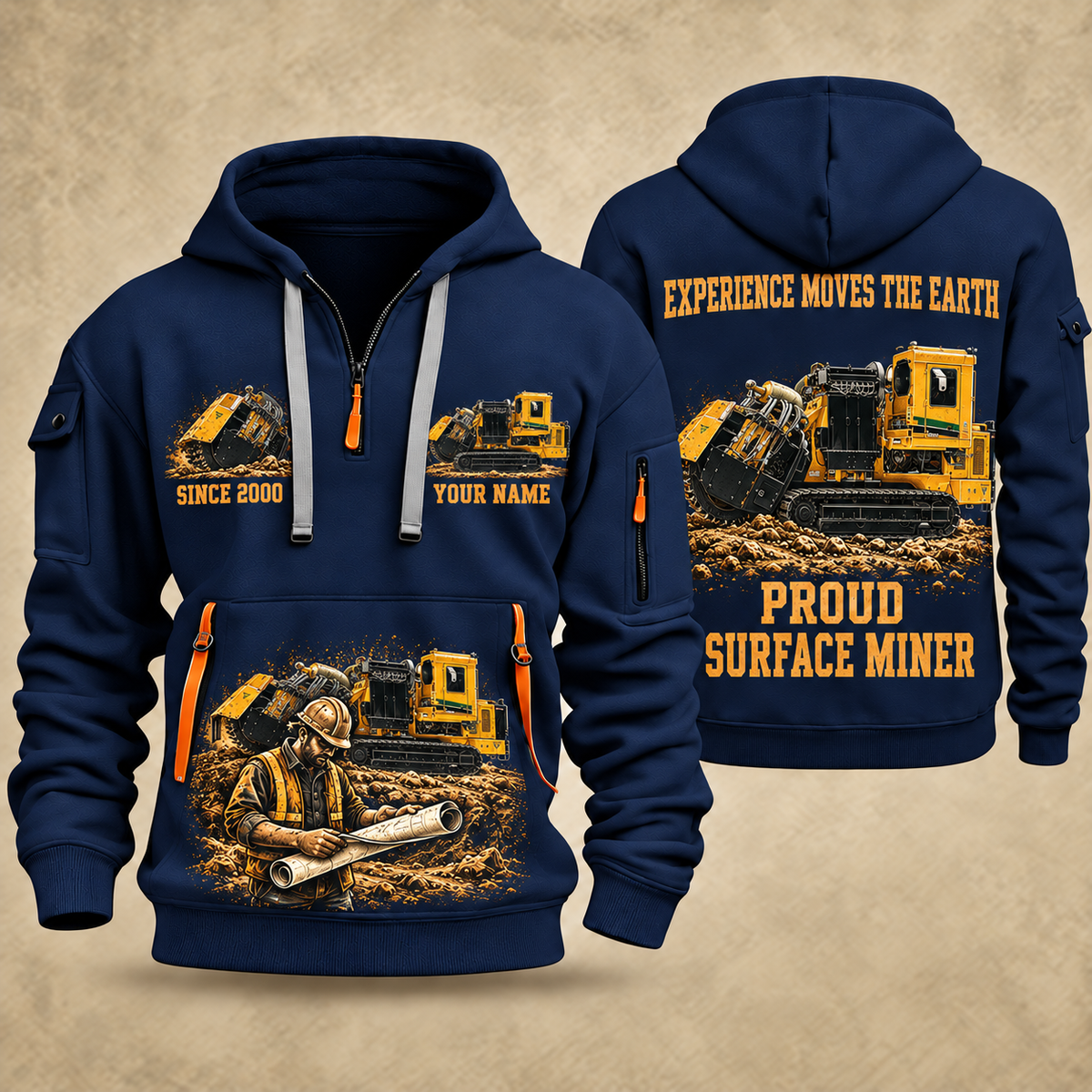 T1255III Chain Drive Terrain Leveler Surface Miner quarter zip hoodie in Navy, front and back views, sample YOUR NAME and SINCE 2000 artwork