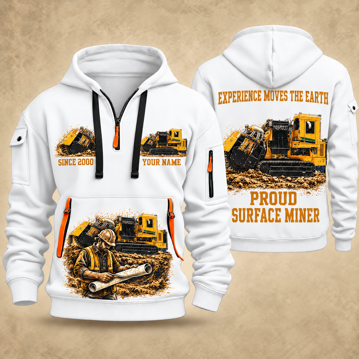 T1255III Chain Drive Terrain Leveler Surface Miner quarter zip hoodie in White, front and back views, sample YOUR NAME and SINCE 2000 artwork