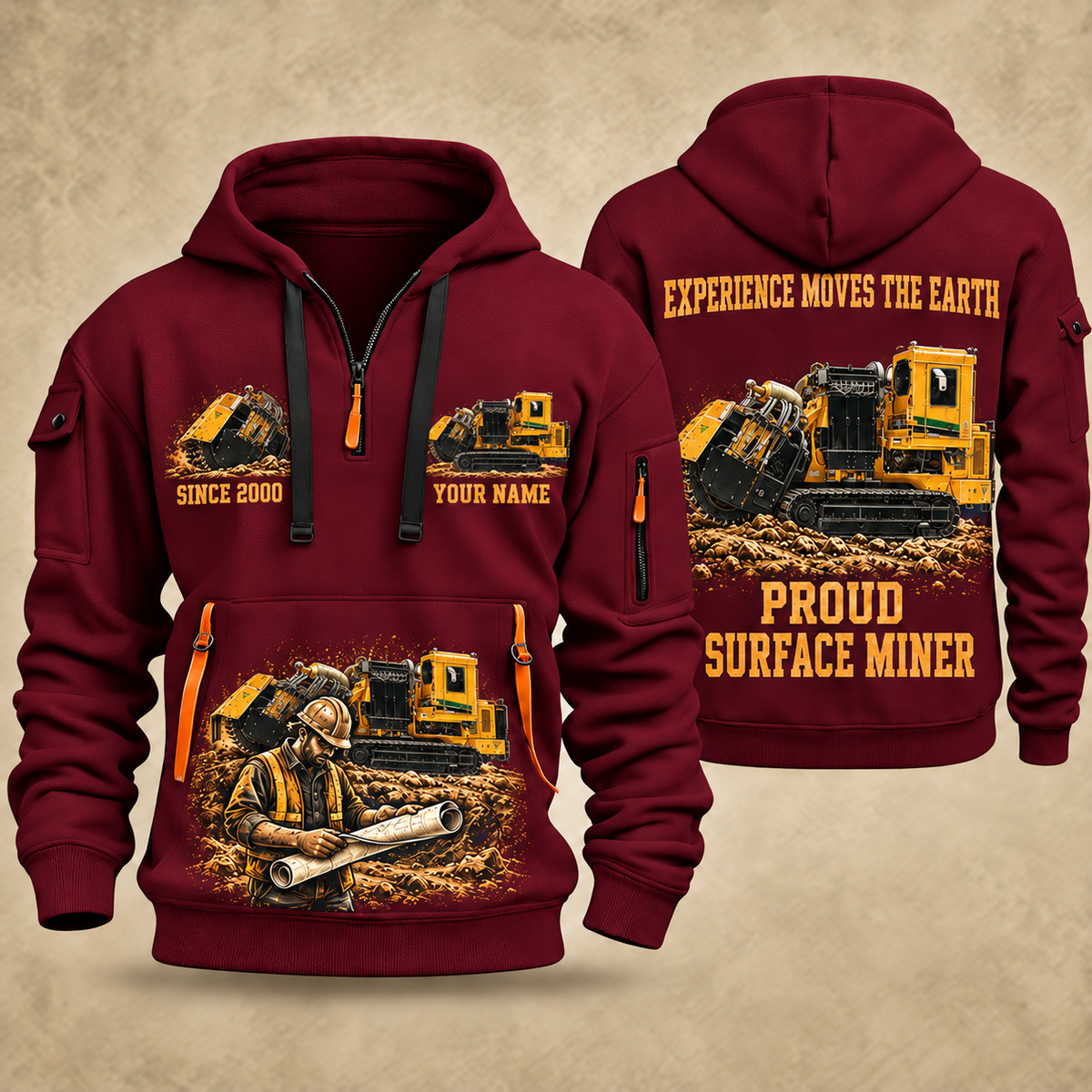 T1255III Chain Drive Terrain Leveler Surface Miner quarter zip hoodie in Wine Red, front and back views, sample YOUR NAME and SINCE 2000 artwork
