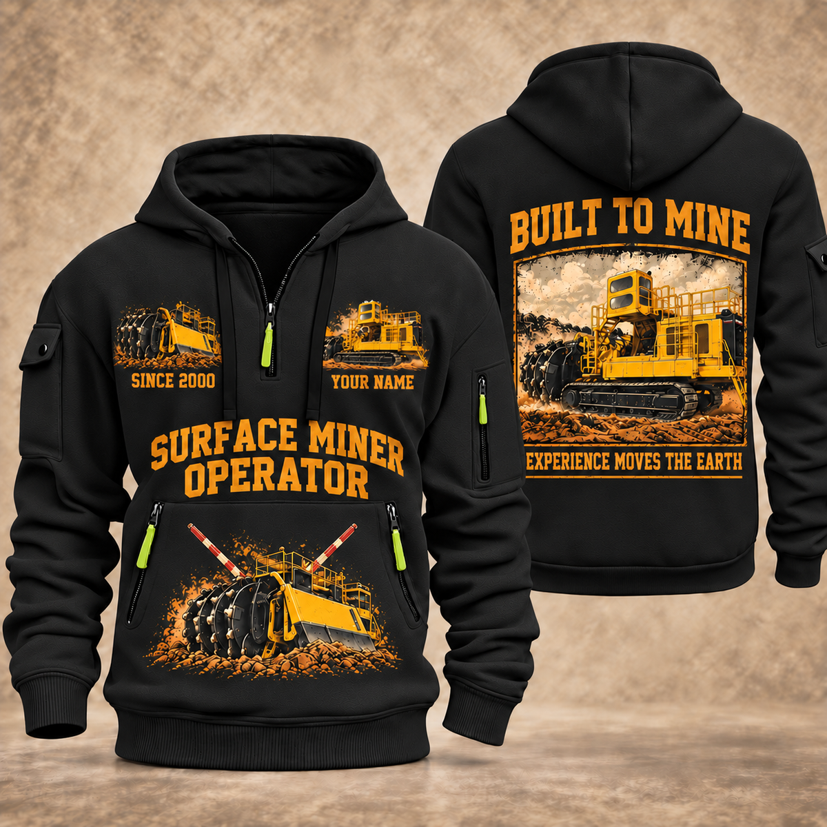 T1655III Terrain Leveler Surface Miner quarter zip hoodie in Black, front and back views, sample YOUR NAME and SINCE 2000 artwork