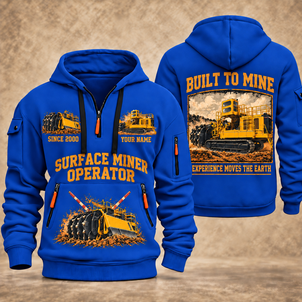 T1655III Terrain Leveler Surface Miner quarter zip hoodie in Blue, front and back views, sample YOUR NAME and SINCE 2000 artwork