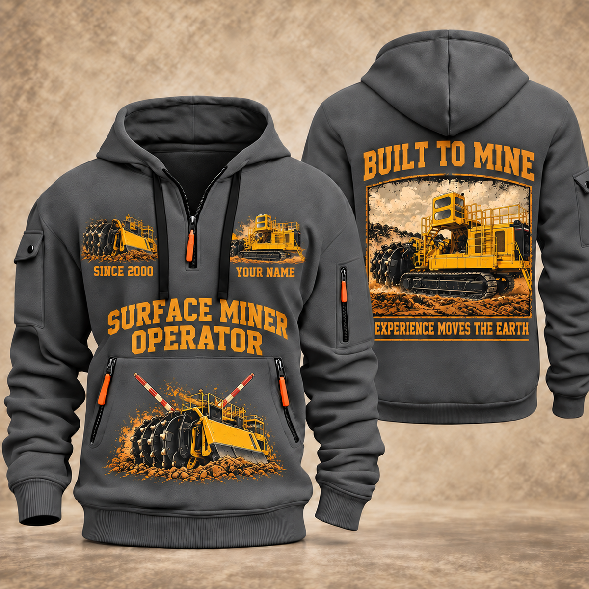 T1655III Terrain Leveler Surface Miner quarter zip hoodie in Gray, front and back views, sample YOUR NAME and SINCE 2000 artwork