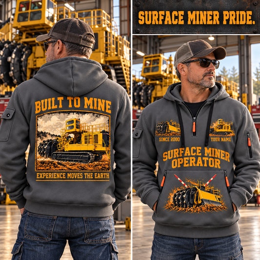 T1655III Terrain Leveler Surface Miner quarter zip hoodie in Gray, adult lifestyle portrait showing front and back artwork