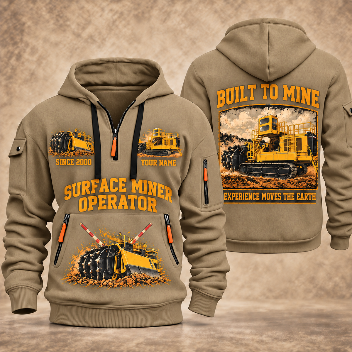 T1655III Terrain Leveler Surface Miner quarter zip hoodie in Khaki, front and back views, sample YOUR NAME and SINCE 2000 artwork
