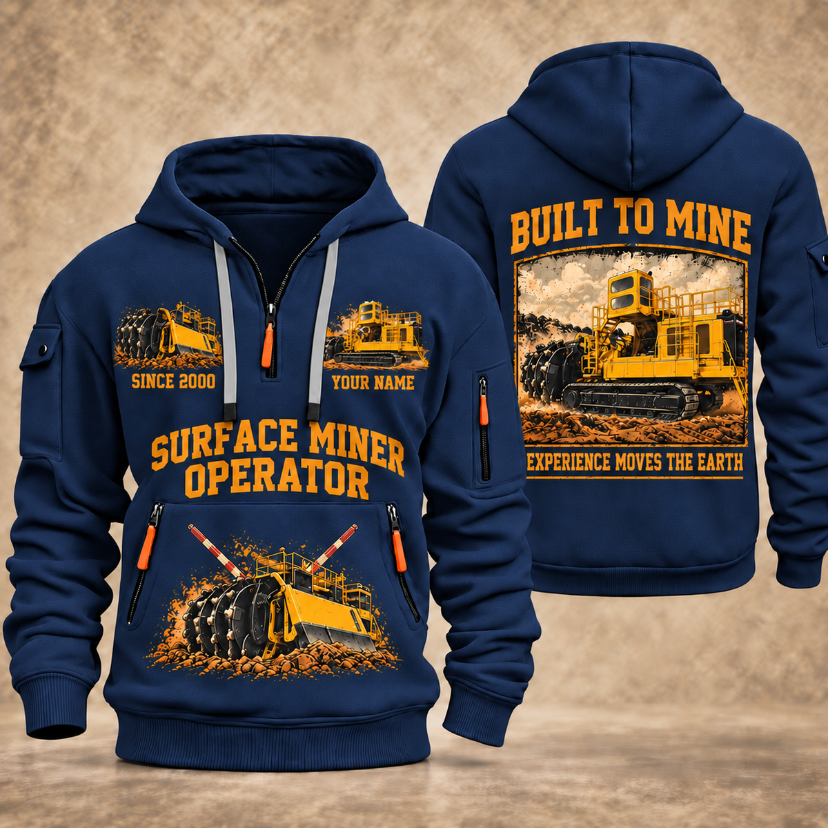 T1655III Terrain Leveler Surface Miner quarter zip hoodie in Navy, front and back views, sample YOUR NAME and SINCE 2000 artwork