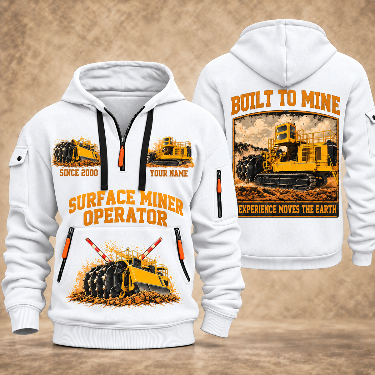 T1655III Terrain Leveler Surface Miner quarter zip hoodie in White, front and back views, sample YOUR NAME and SINCE 2000 artwork