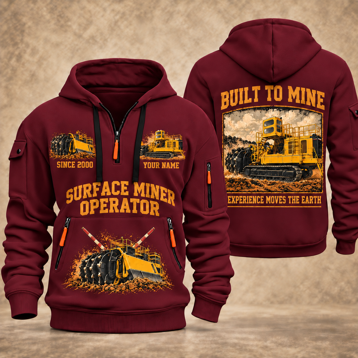 T1655III Terrain Leveler Surface Miner quarter zip hoodie in Wine Red, front and back views, sample YOUR NAME and SINCE 2000 artwork