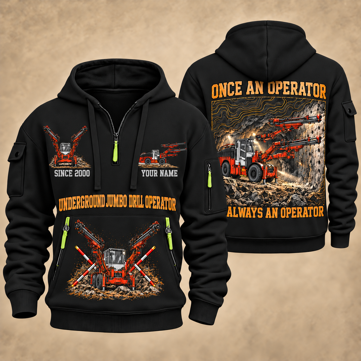 DD422i Underground Jumbo Drill Operator quarter zip hoodie in Black, front and back views, sample YOUR NAME and SINCE 2000 artwork