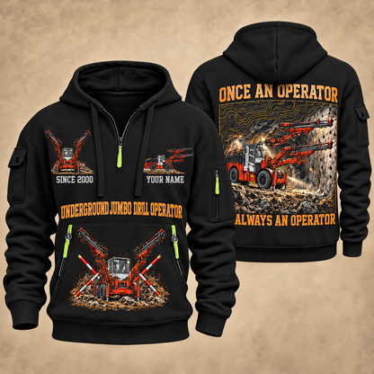DD422i Underground Jumbo Drill Operator quarter zip hoodie in Black, front and back views, sample YOUR NAME and SINCE 2000 artwork
