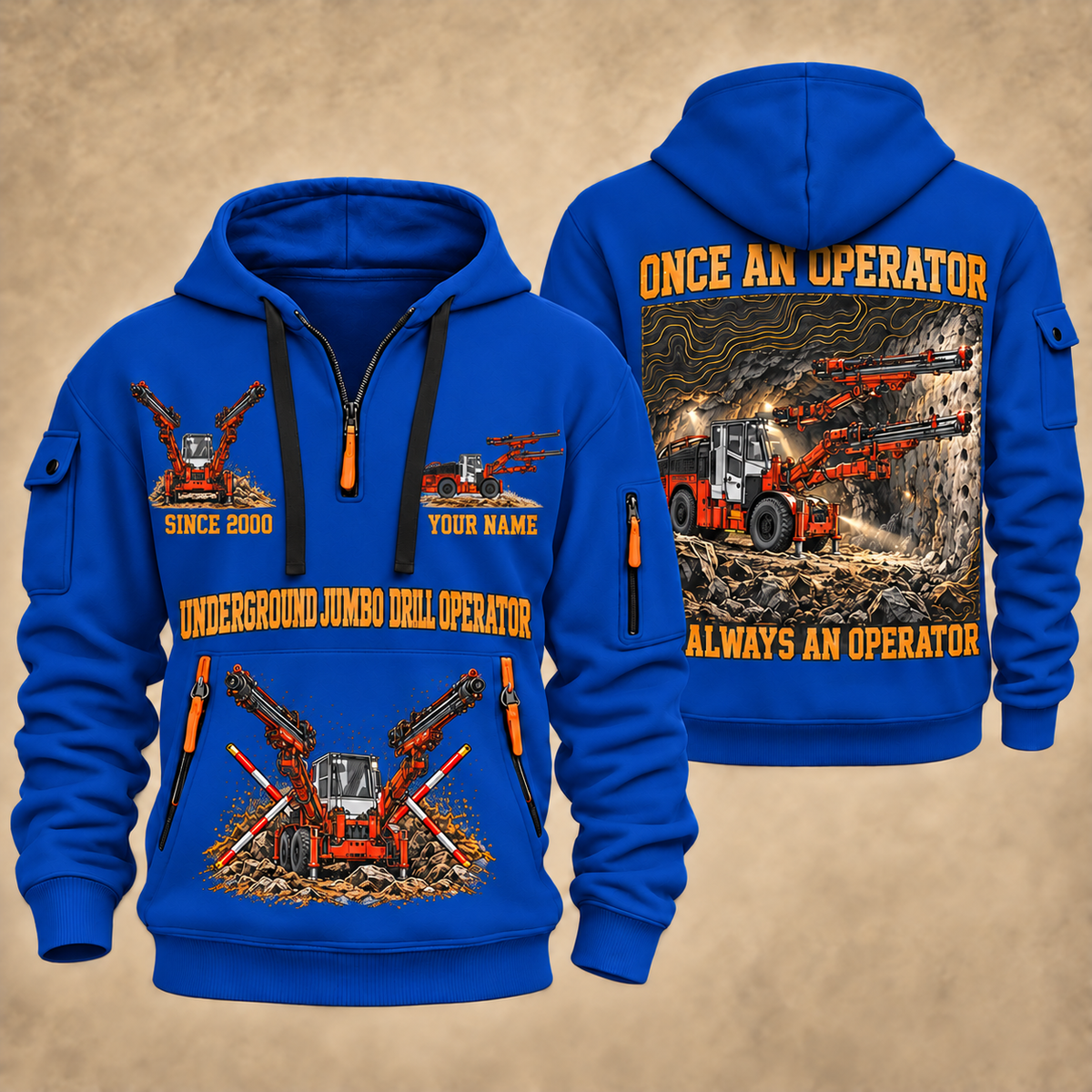 DD422i Underground Jumbo Drill Operator quarter zip hoodie in Blue, front and back views, sample YOUR NAME and SINCE 2000 artwork