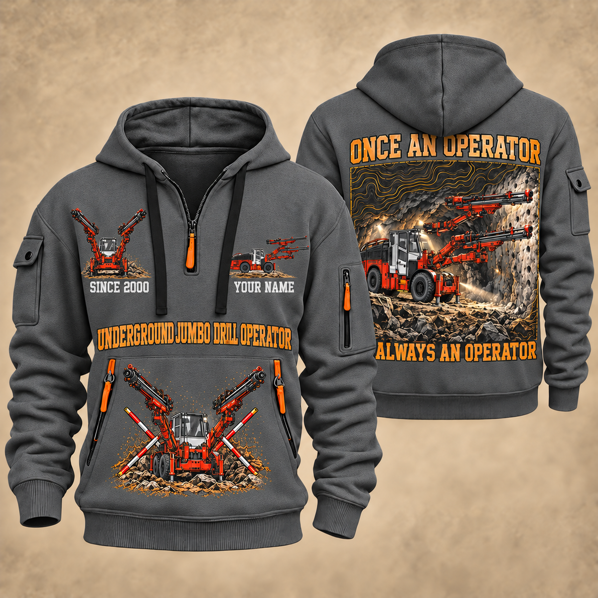 DD422i Underground Jumbo Drill Operator quarter zip hoodie in Gray, front and back views, sample YOUR NAME and SINCE 2000 artwork