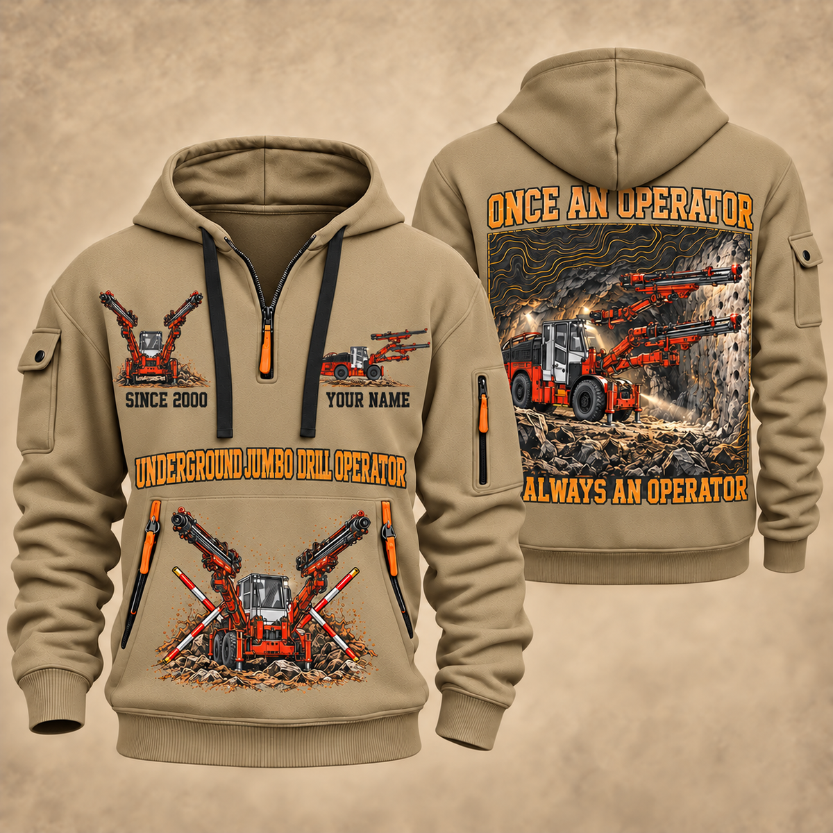 DD422i Underground Jumbo Drill Operator quarter zip hoodie in Khaki, front and back views, sample YOUR NAME and SINCE 2000 artwork