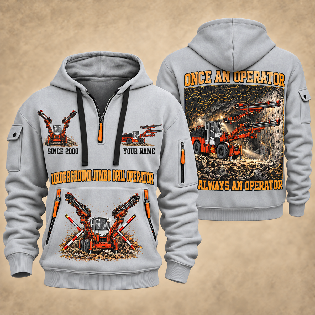 DD422i Underground Jumbo Drill Operator quarter zip hoodie in Light Grey, front and back views, sample YOUR NAME and SINCE 2000 artwork