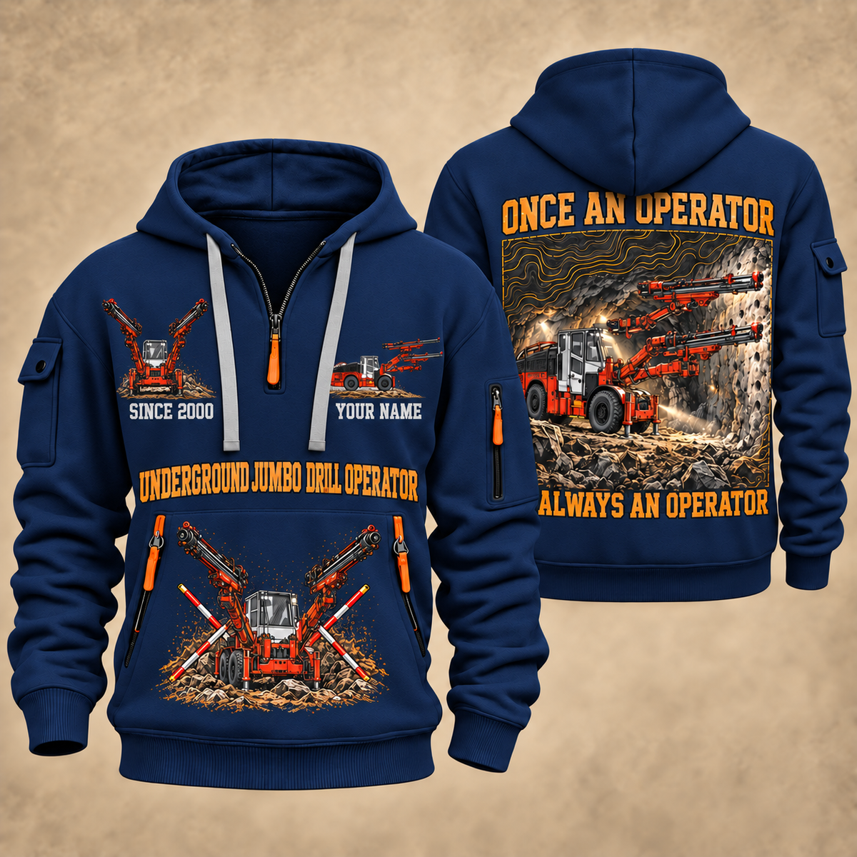 DD422i Underground Jumbo Drill Operator quarter zip hoodie in Navy, front and back views, sample YOUR NAME and SINCE 2000 artwork