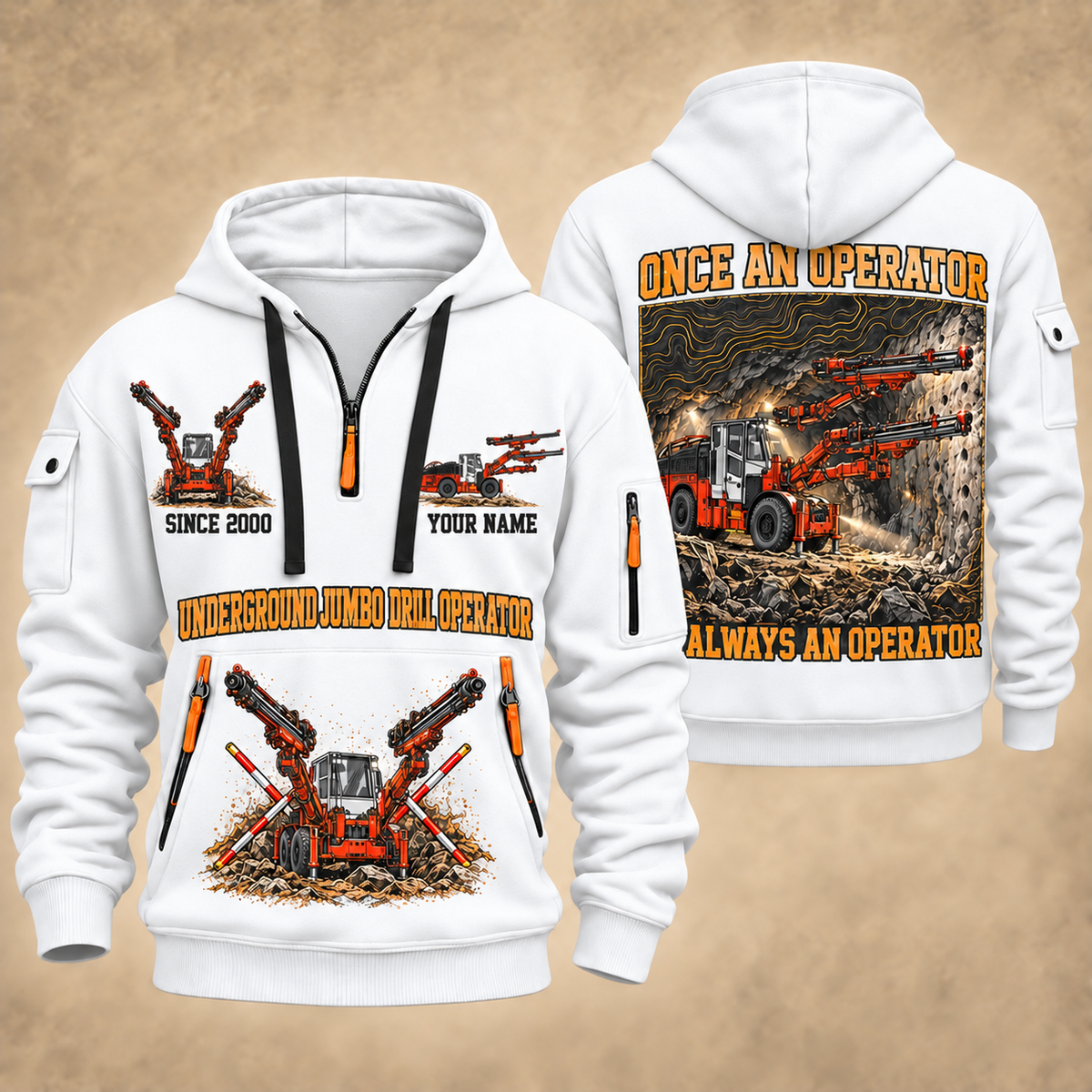 DD422i Underground Jumbo Drill Operator quarter zip hoodie in White, front and back views, sample YOUR NAME and SINCE 2000 artwork
