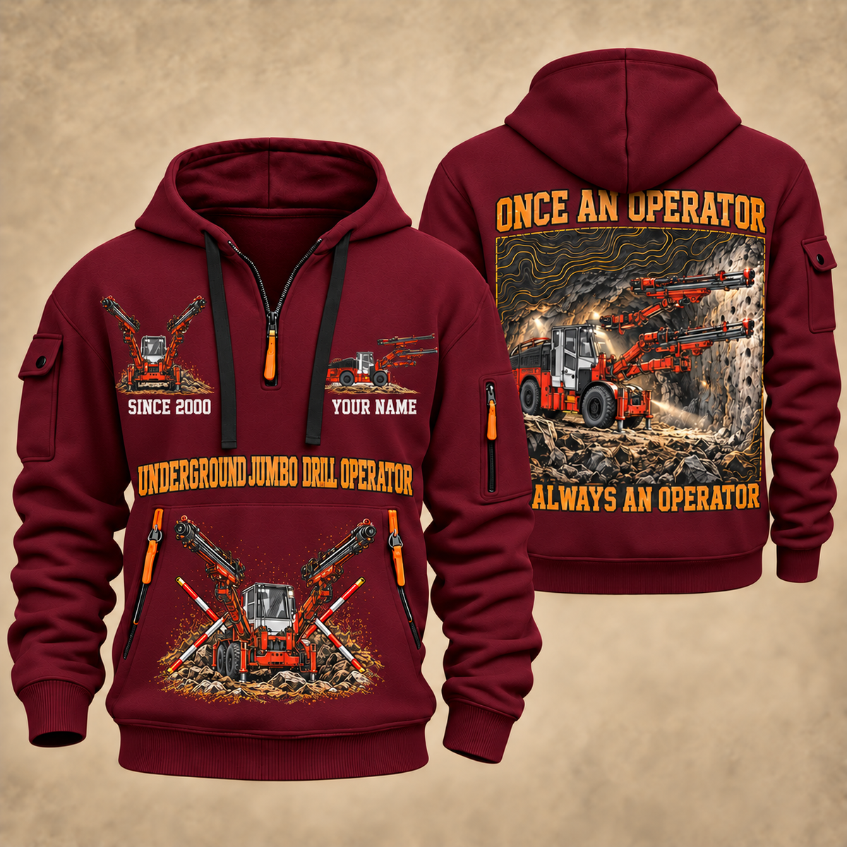 DD422i Underground Jumbo Drill Operator quarter zip hoodie in Wine Red, front and back views, sample YOUR NAME and SINCE 2000 artwork