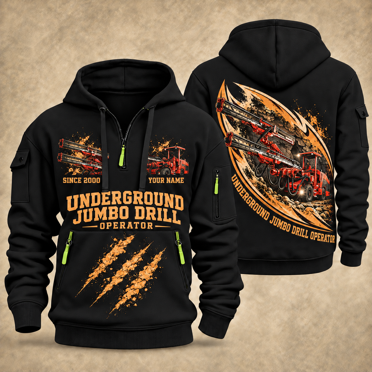 DD321 Underground Jumbo Drill Operator quarter zip hoodie in Black, front and back views, sample YOUR NAME and SINCE 2000 artwork