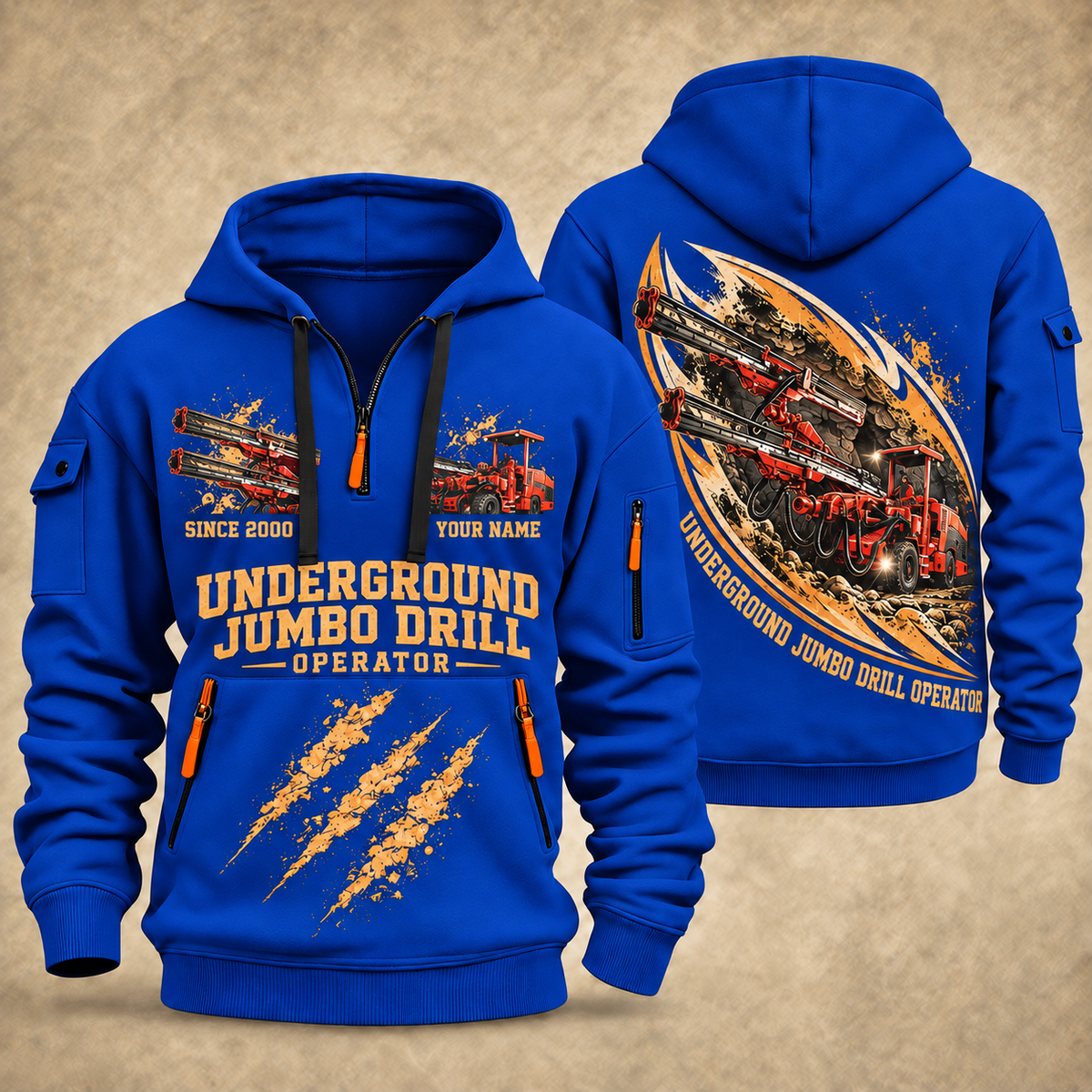 DD321 Underground Jumbo Drill Operator quarter zip hoodie in Blue, front and back views, sample YOUR NAME and SINCE 2000 artwork