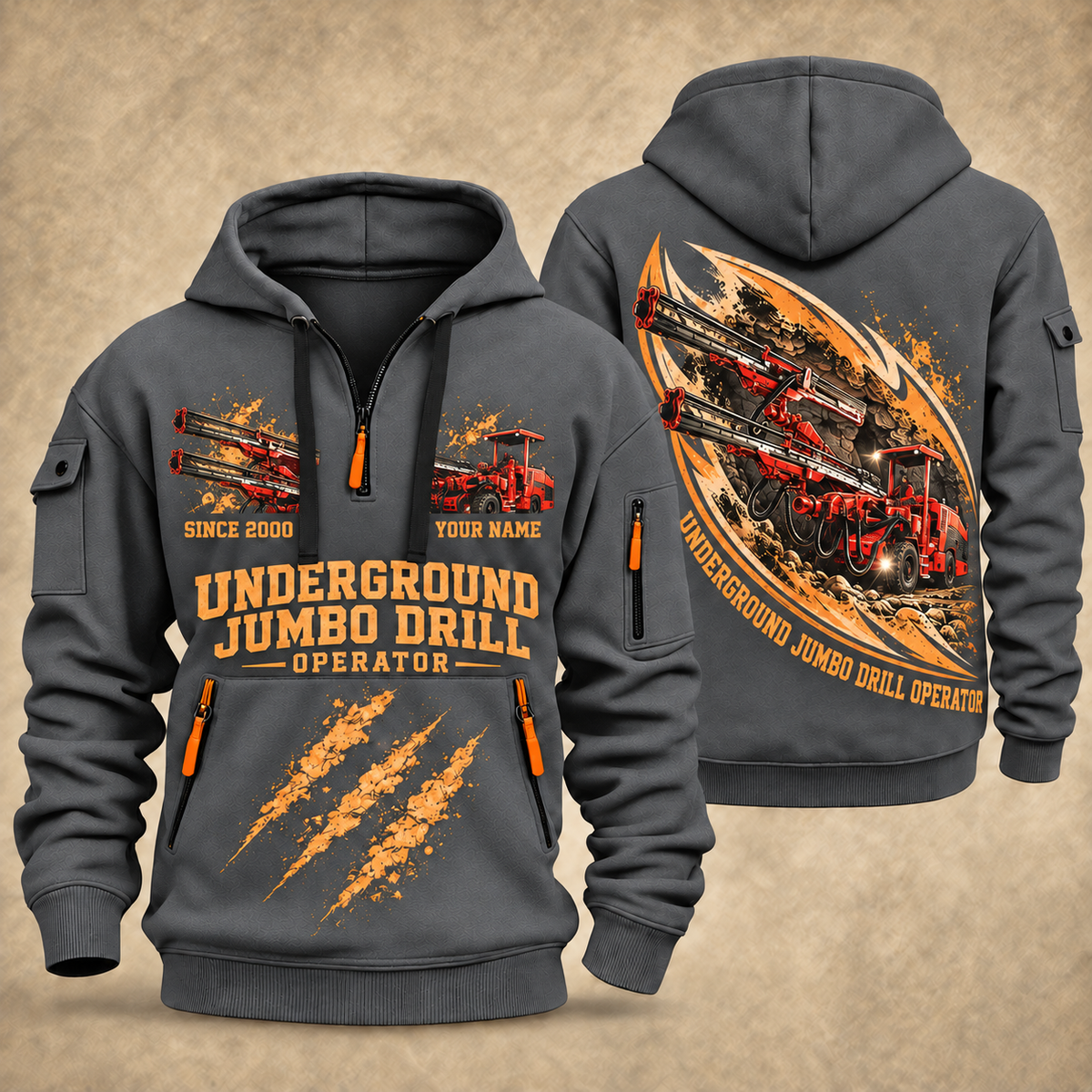 DD321 Underground Jumbo Drill Operator quarter zip hoodie in Gray, front and back views, sample YOUR NAME and SINCE 2000 artwork
