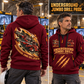DD321 Underground Jumbo Drill Operator quarter zip hoodie in Wine Red, adult lifestyle portrait showing front and back artwork