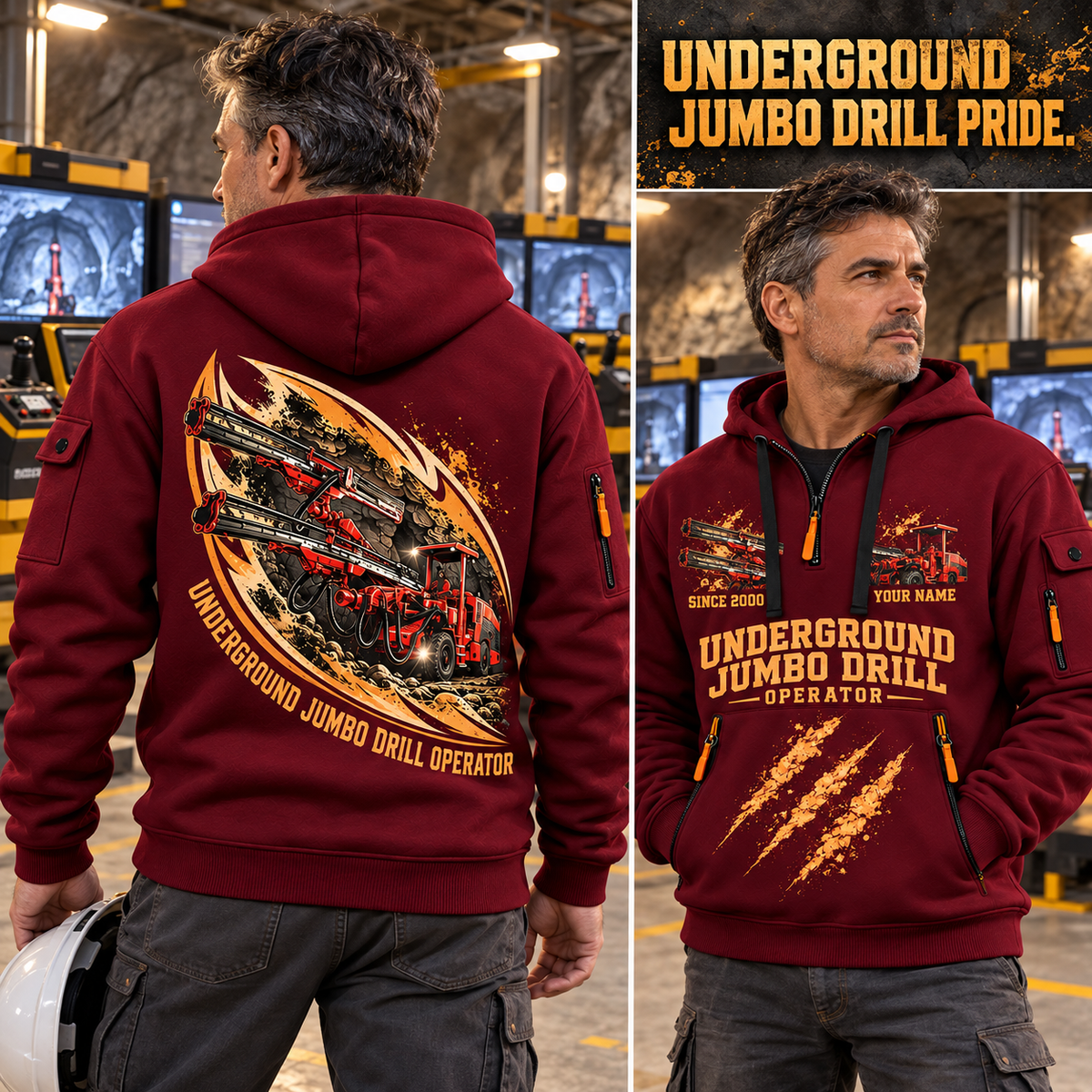 DD321 Underground Jumbo Drill Operator quarter zip hoodie in Wine Red, adult lifestyle portrait showing front and back artwork