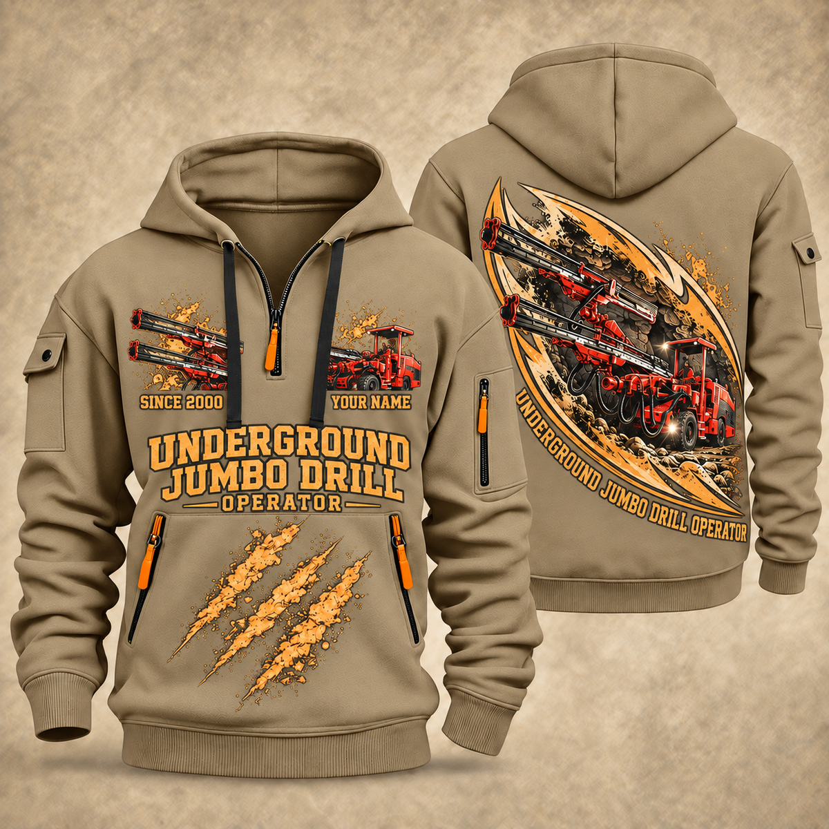 DD321 Underground Jumbo Drill Operator quarter zip hoodie in Khaki, front and back views, sample YOUR NAME and SINCE 2000 artwork