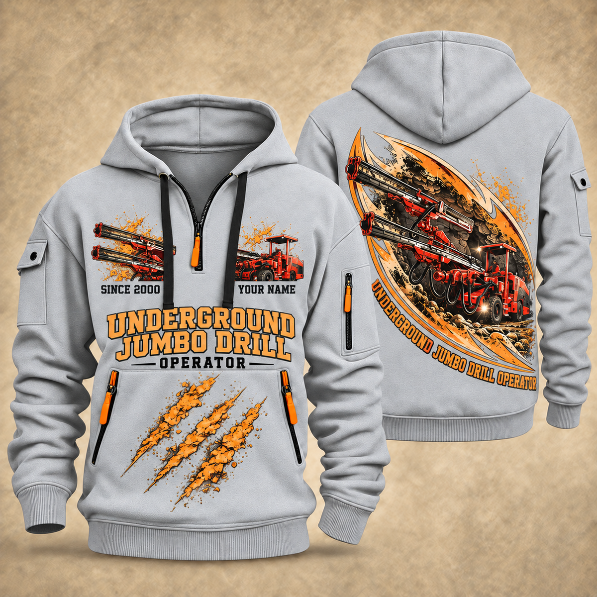 DD321 Underground Jumbo Drill Operator quarter zip hoodie in Light Grey, front and back views, sample YOUR NAME and SINCE 2000 artwork