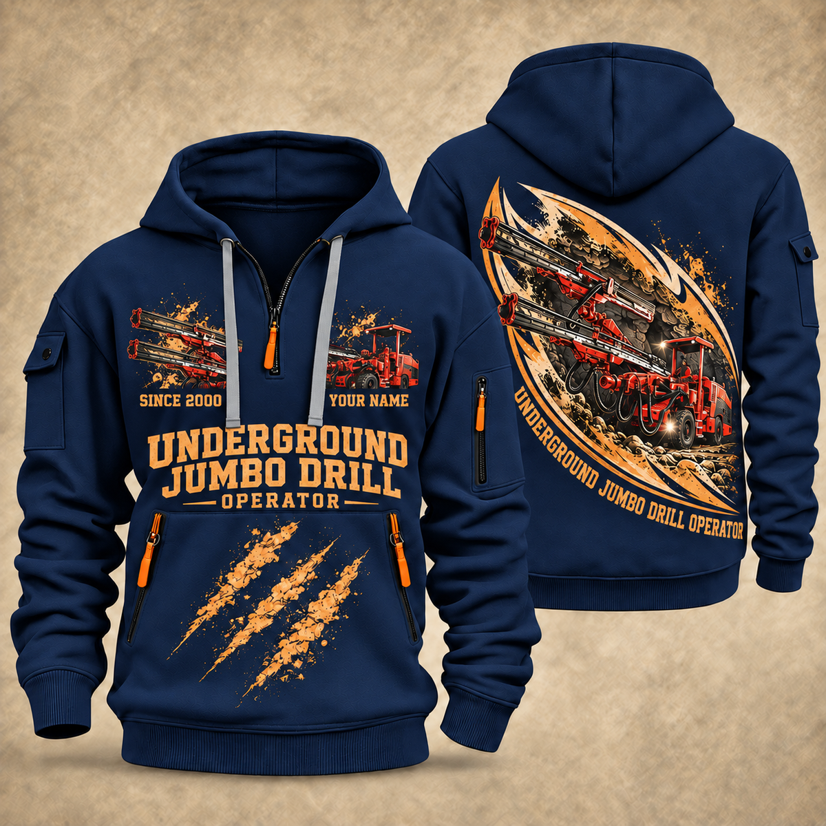 DD321 Underground Jumbo Drill Operator quarter zip hoodie in Navy, front and back views, sample YOUR NAME and SINCE 2000 artwork