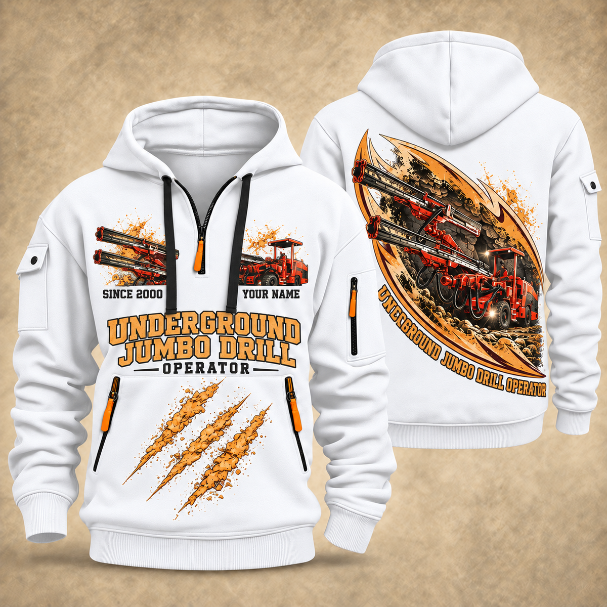 DD321 Underground Jumbo Drill Operator quarter zip hoodie in White, front and back views, sample YOUR NAME and SINCE 2000 artwork