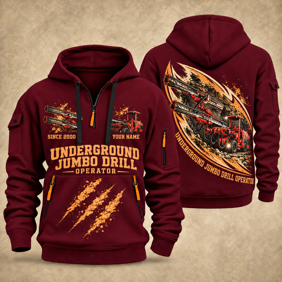 DD321 Underground Jumbo Drill Operator quarter zip hoodie in Wine Red, front and back views, sample YOUR NAME and SINCE 2000 artwork