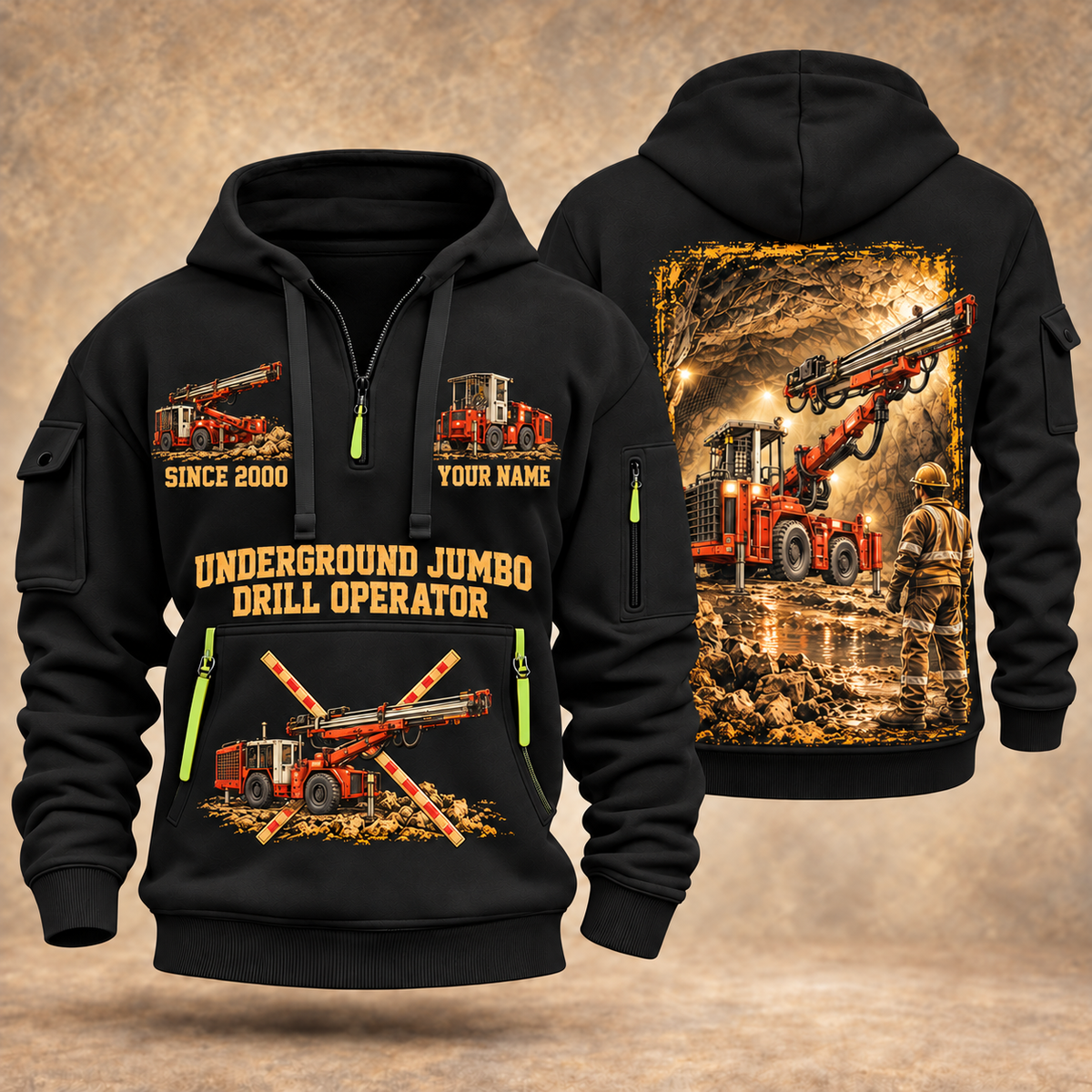 DD311 Underground Jumbo Drill Operator quarter zip hoodie in Black, front and back views, sample YOUR NAME and SINCE 2000 artwork