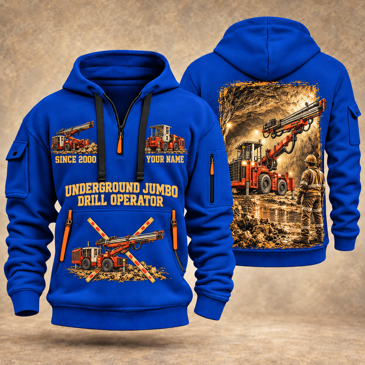 DD311 Underground Jumbo Drill Operator quarter zip hoodie in Blue, front and back views, sample YOUR NAME and SINCE 2000 artwork