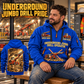 DD311 Underground Jumbo Drill Operator quarter zip hoodie in Blue, adult lifestyle portrait showing front and back artwork