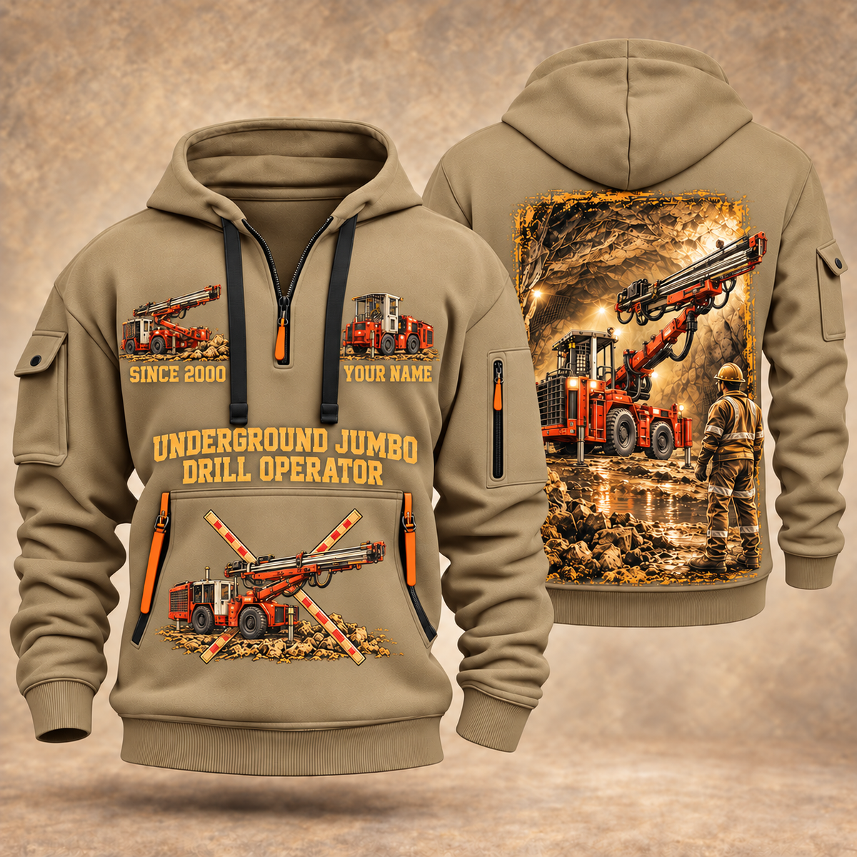 DD311 Underground Jumbo Drill Operator quarter zip hoodie in Khaki, front and back views, sample YOUR NAME and SINCE 2000 artwork