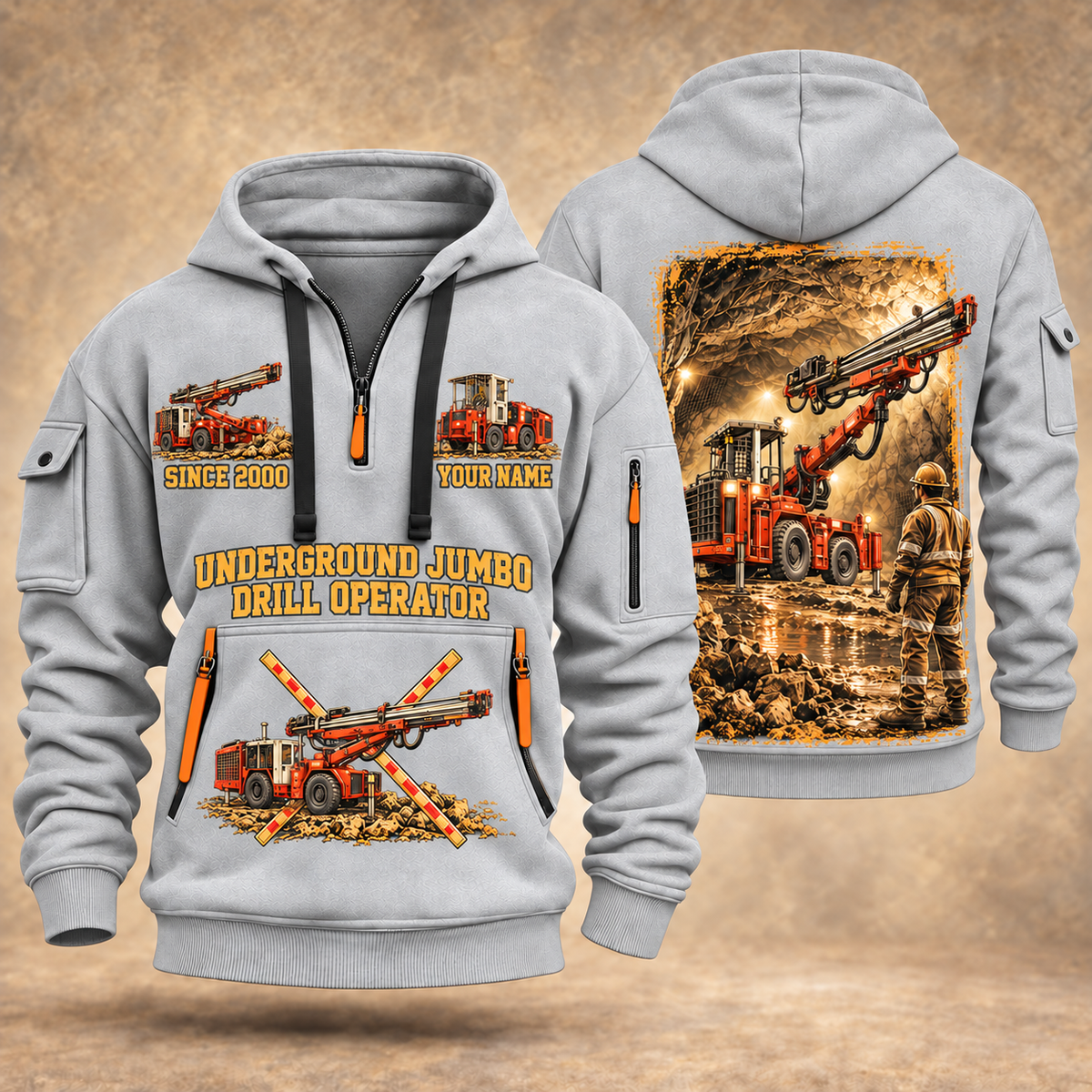 DD311 Underground Jumbo Drill Operator quarter zip hoodie in Light Grey, front and back views, sample YOUR NAME and SINCE 2000 artwork