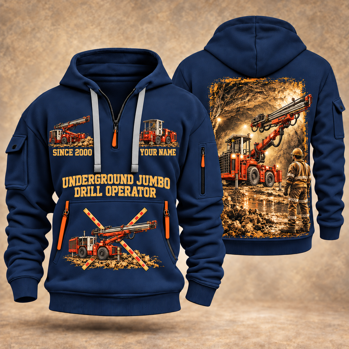 DD311 Underground Jumbo Drill Operator quarter zip hoodie in Navy, front and back views, sample YOUR NAME and SINCE 2000 artwork