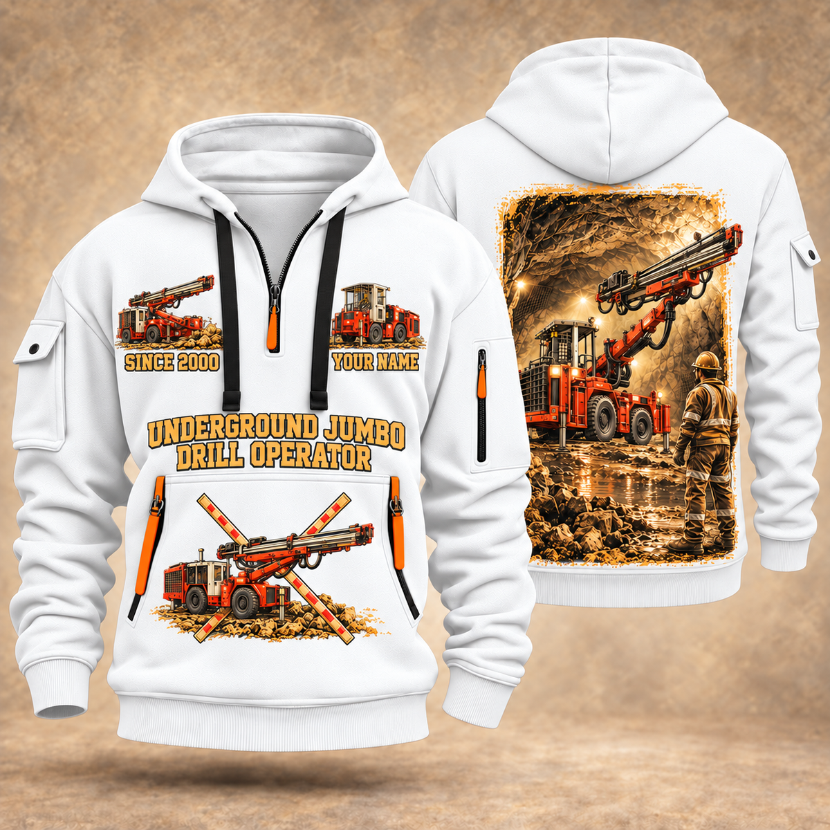 DD311 Underground Jumbo Drill Operator quarter zip hoodie in White, front and back views, sample YOUR NAME and SINCE 2000 artwork