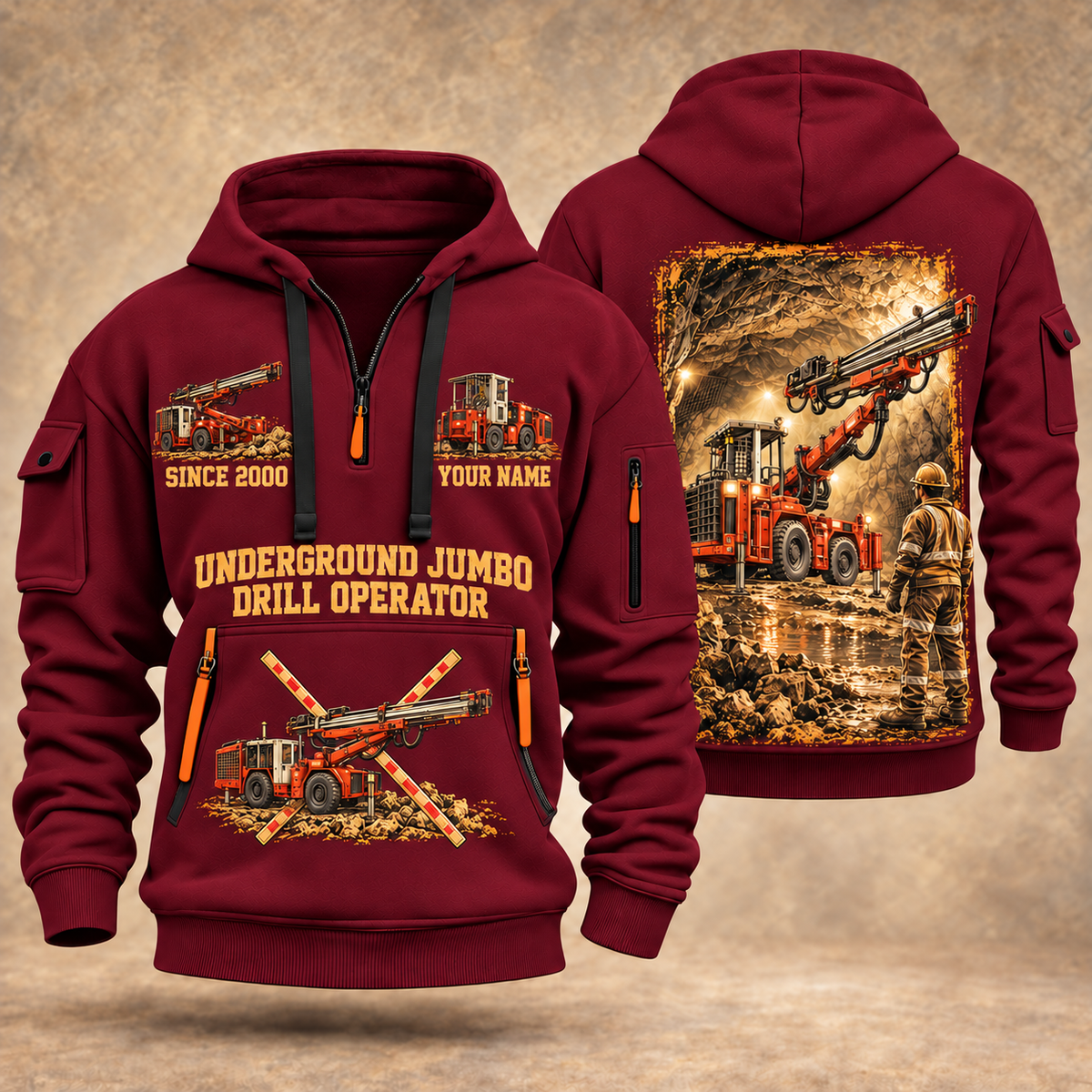 DD311 Underground Jumbo Drill Operator quarter zip hoodie in Wine Red, front and back views, sample YOUR NAME and SINCE 2000 artwork