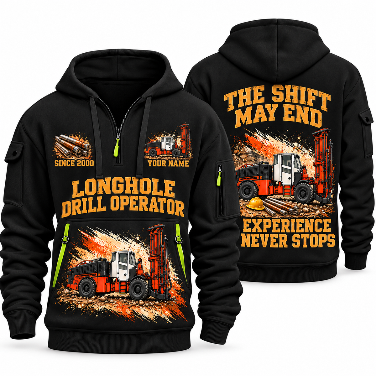 DL422i Longhole Drill Operator quarter zip hoodie in Black, front and back views, sample YOUR NAME and SINCE 2000 artwork