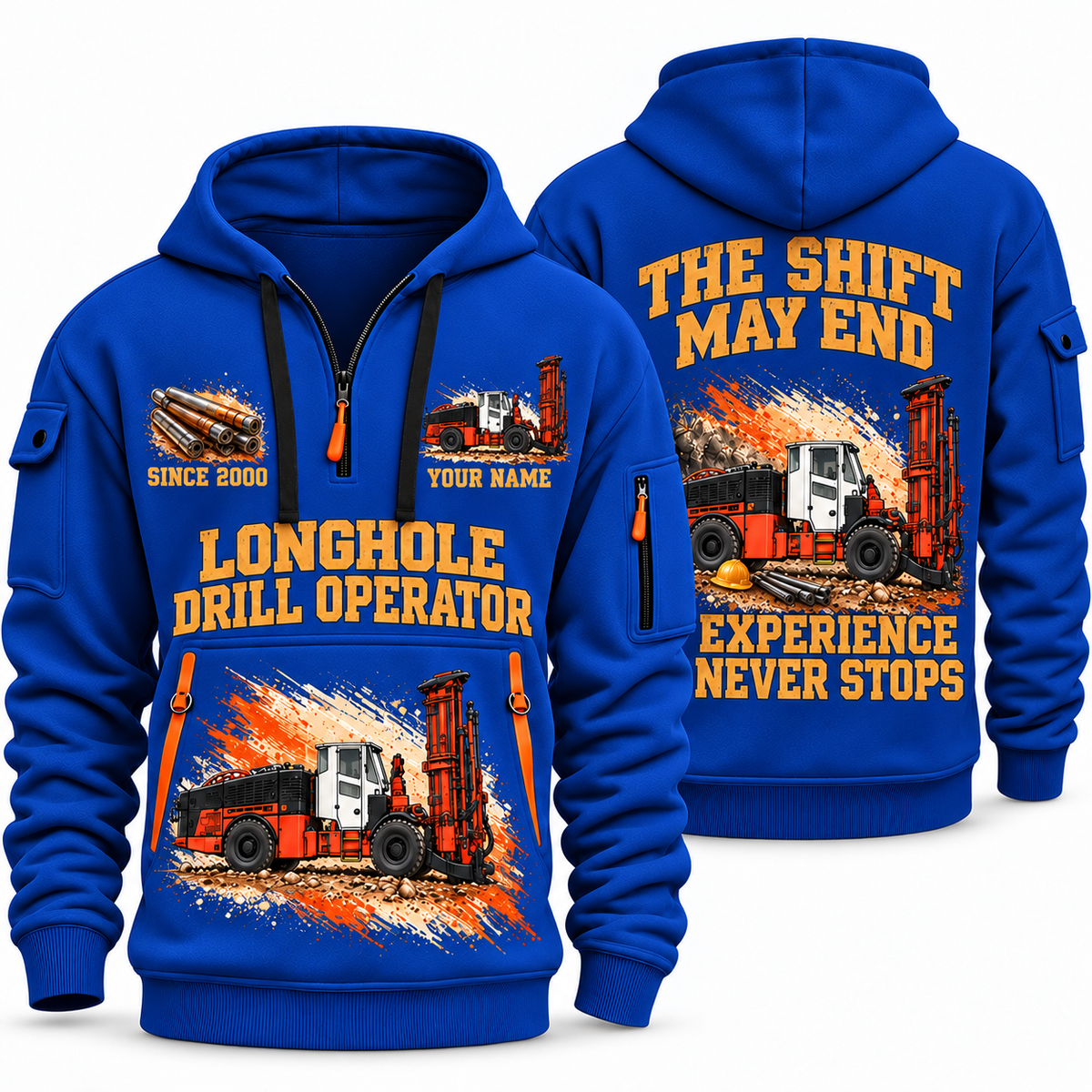 DL422i Longhole Drill Operator quarter zip hoodie in Blue, front and back views, sample YOUR NAME and SINCE 2000 artwork